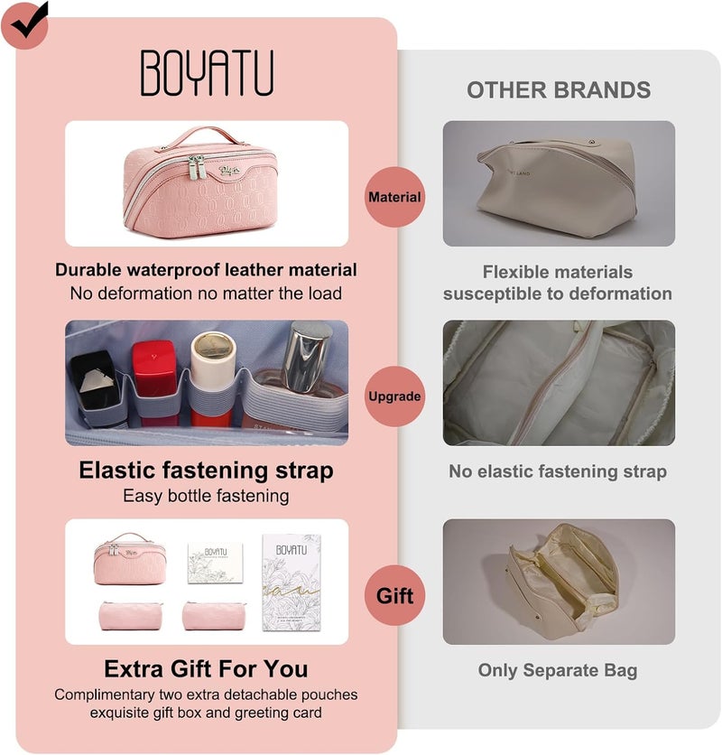 BOYATU Travel Makeup Bag for Women: Cosmetic Organizer Bag with Compartments - Leather Make up Bags Set of 3 (G-3-Pink) - Image 3